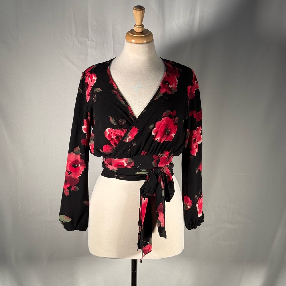 Mendocino Black and Red Floral Wrap Blouse